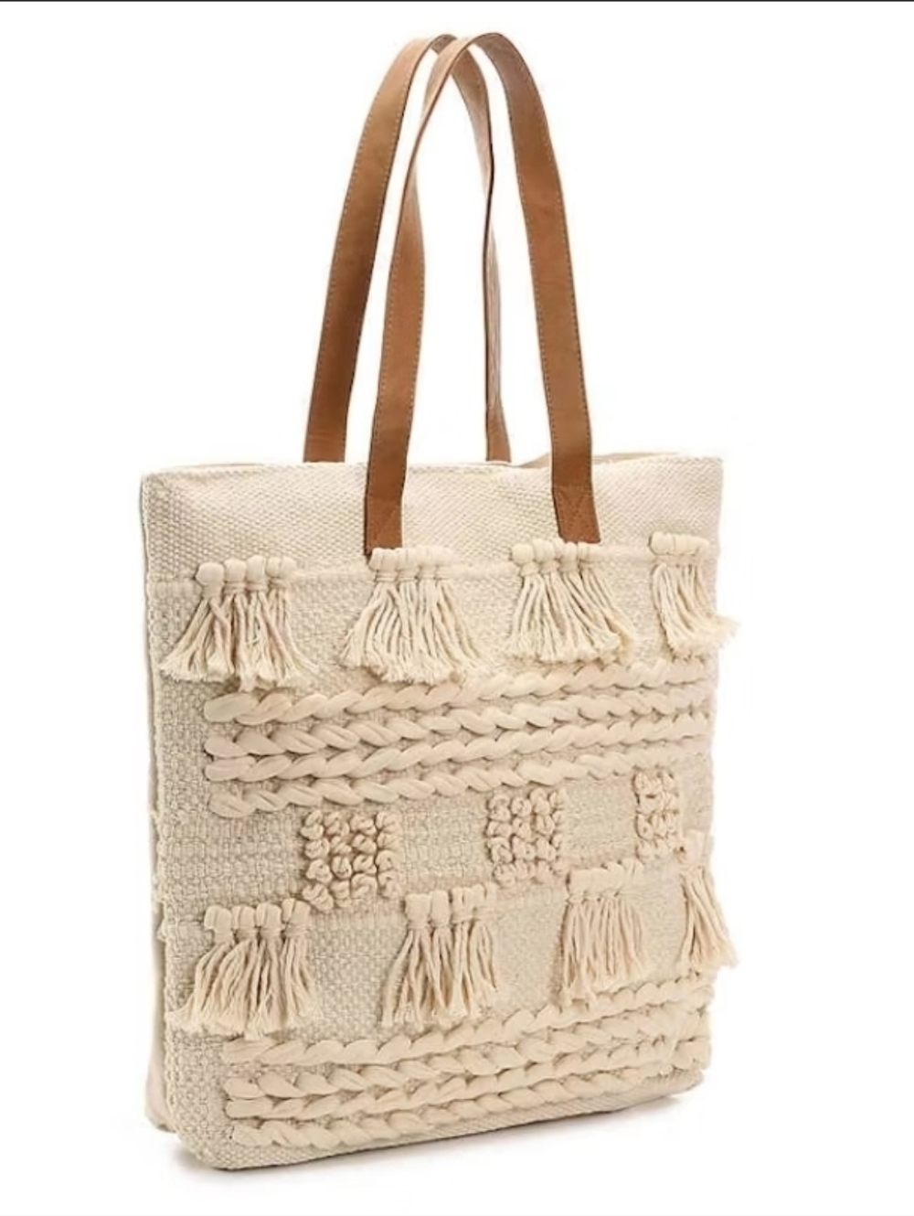 Anthropogie Straw Studios Cotton Cream Tassel Tote Bag with Brown Straps Boho